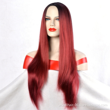 Aishili Black and red color long synthetic wigs natural straight and Silky straight hair for Mature woman Wholesale fashion wig